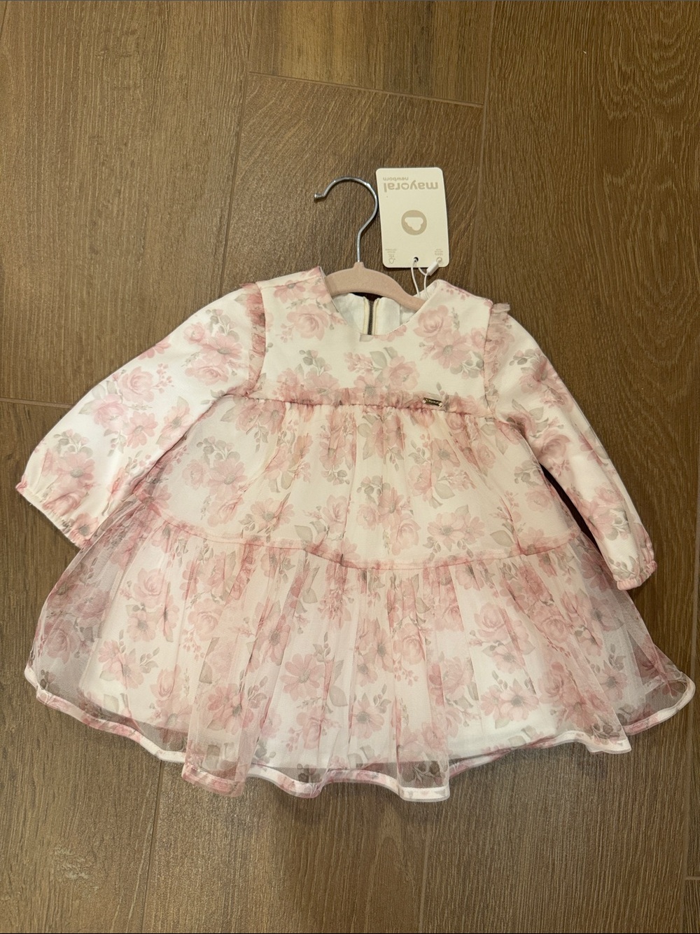 Mayoral Pink Floral Long-Sleeve Tulle Dress